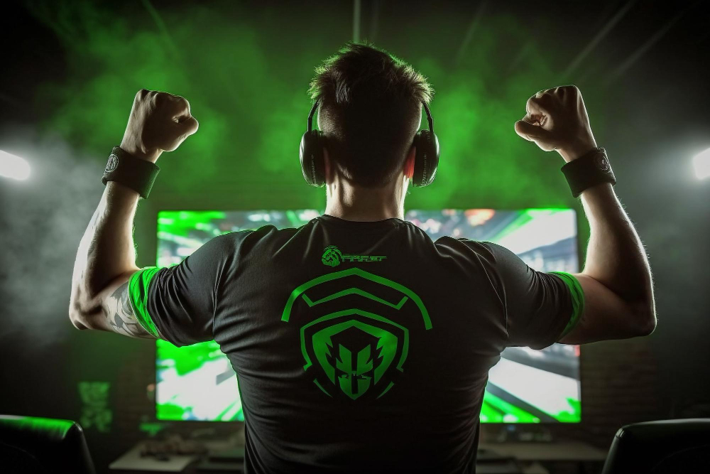 eSports player in black and green overalls enjoys a victory in a tournament